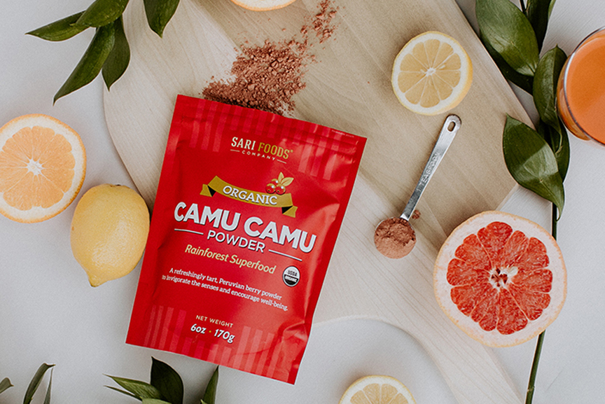 Camu Camu powder and citrus fruits.