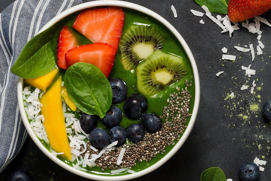 Fruit salad smoothie bowl with fresh fruit