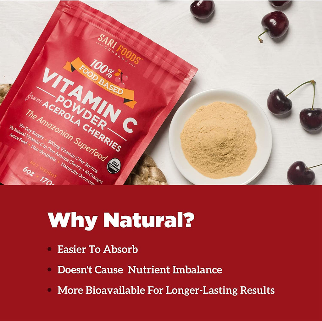 Organic Acerola Cherry Powder - Natural Vitamin C Complex Powder - Plant Based, Non-Synthetic Nutrition. Nature’s Daily Whole Food, Antioxidants and Bioflavonoids, 6 Ounce
